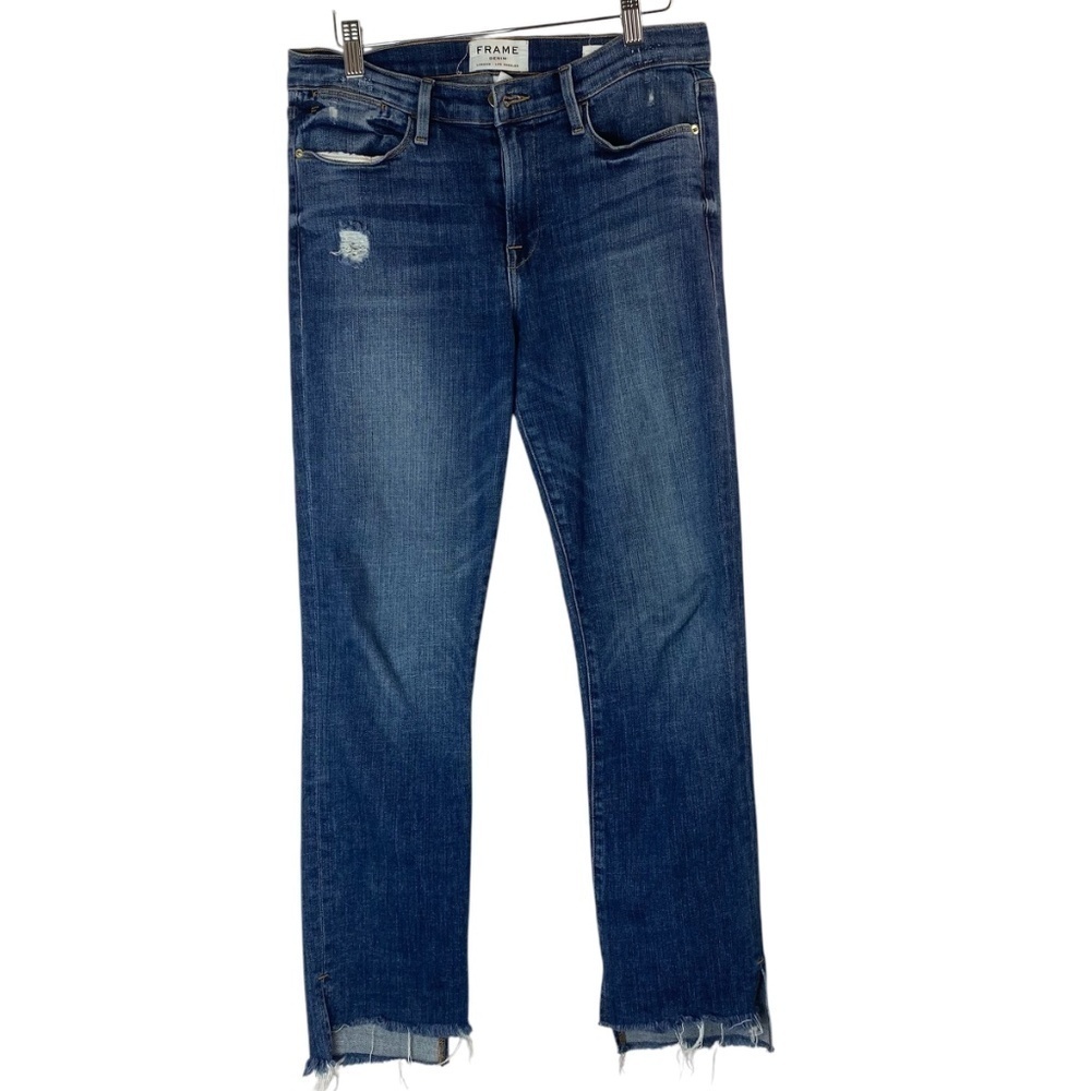 FRAME 'Le High Straight' High Rise Staggered Hem Jeans in Carroll Wash Size 28 - Picture 3 of 10